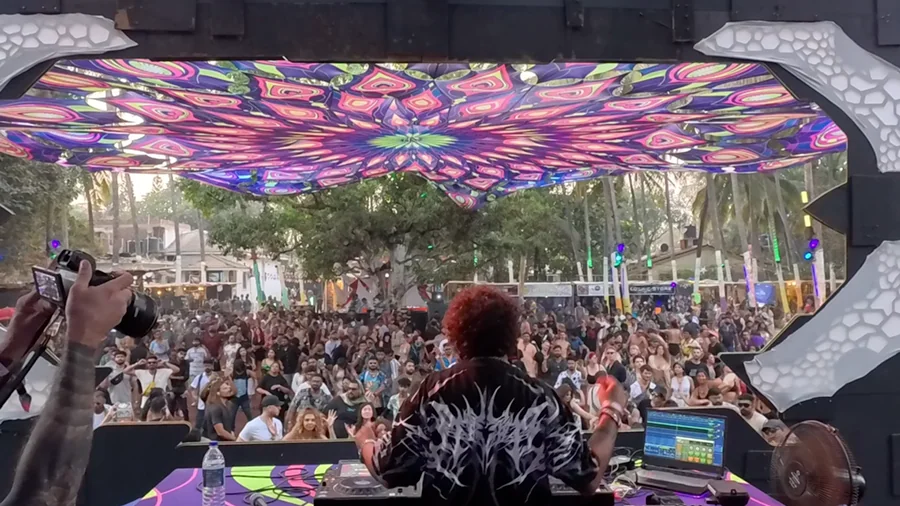 Pyrokine performing to a packed Hilltop Festival dance floor